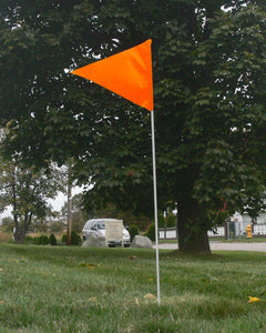 Fluorescent orange field marker flag on 6-foot white fiberglass pole.